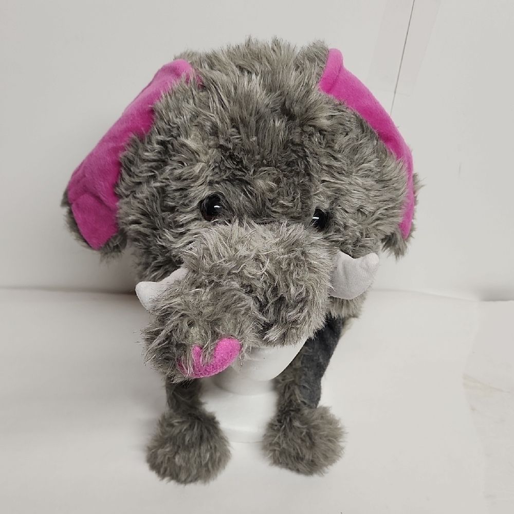 Plush Elephant Hat with Pink Ears, White Tusks, And Adorable Trunk.